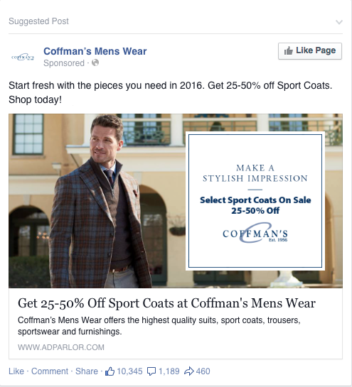 Coffman's Mens Wear Paid Facebook advertisement