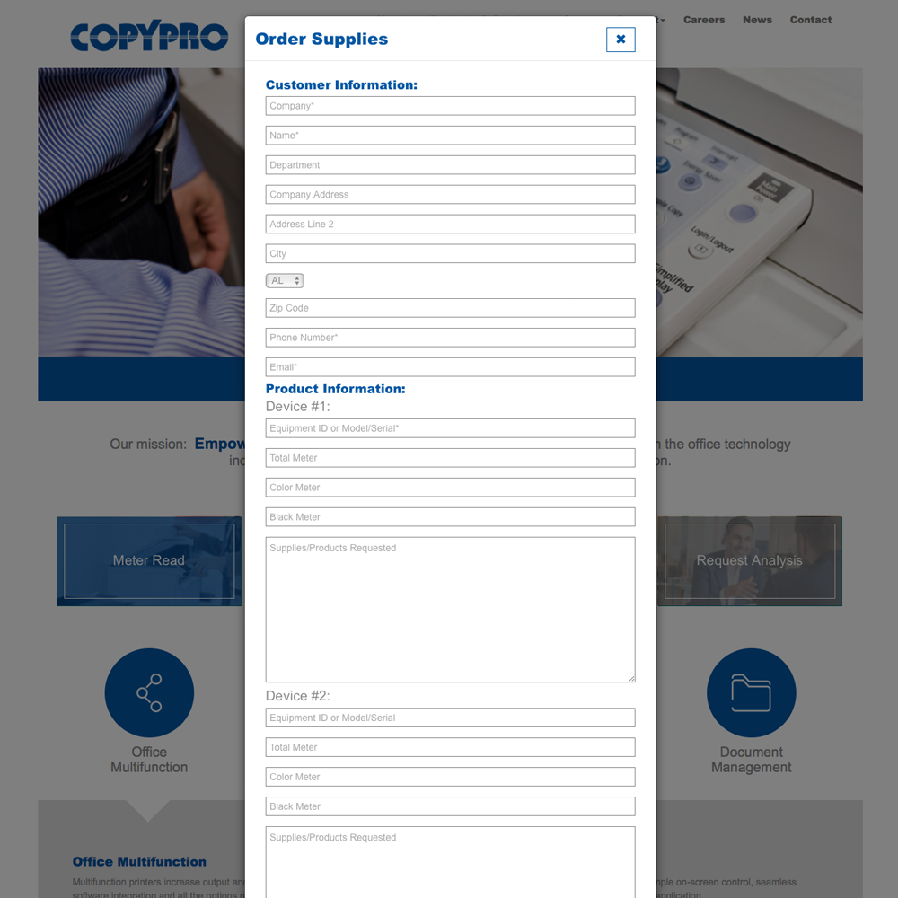 CopyPro website form in a popup