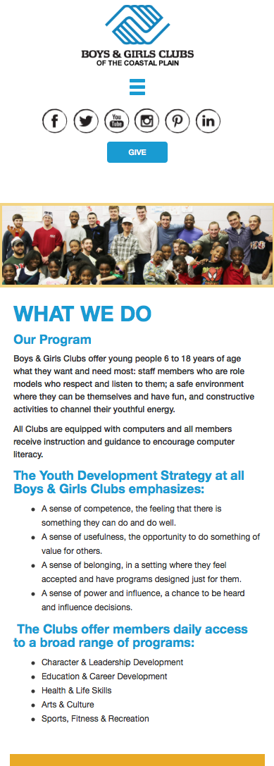 Boys and Girls Clubs mobile website layout