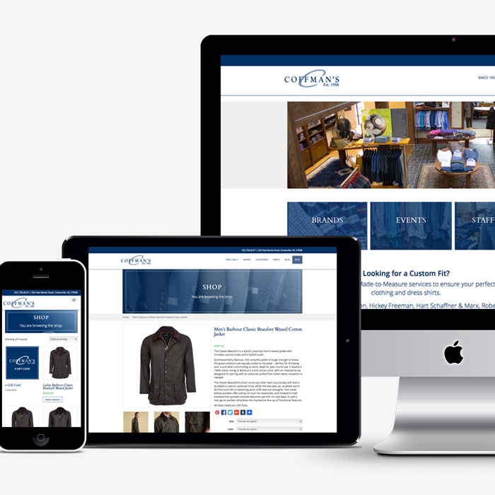 Coffman's Mens Wear website displayed on phone, tablet and desktop computer