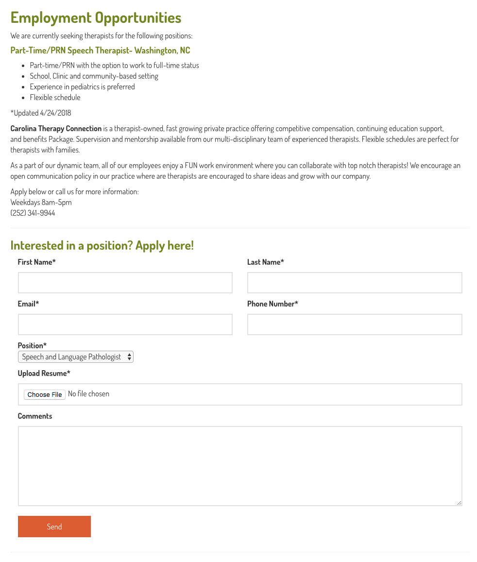 Carolina Therapy Connection Website application form