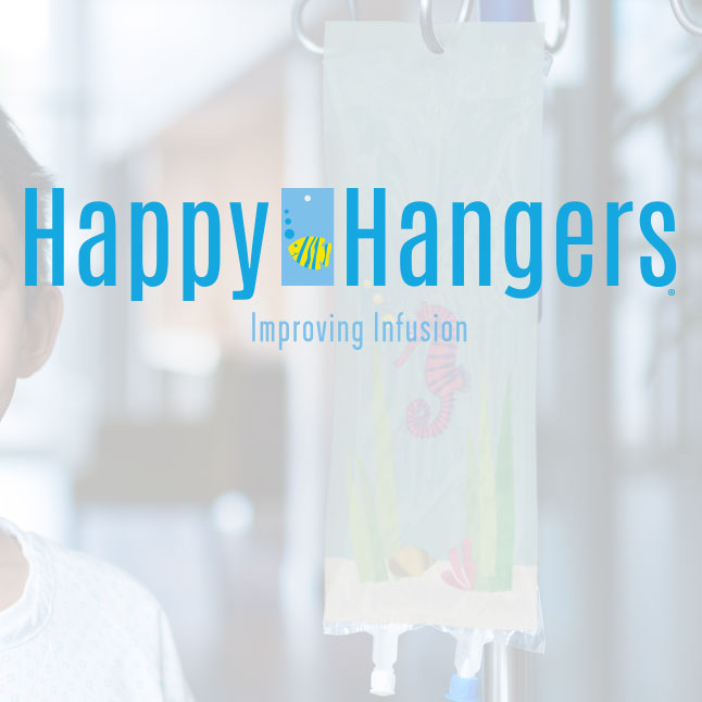 Happy Hangers Logo Design over an IV bag