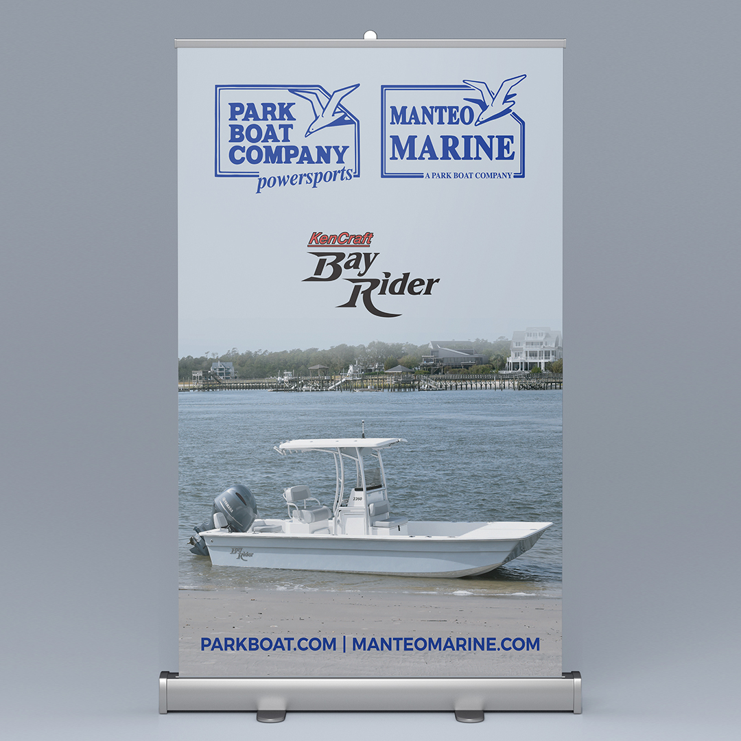 Park Boat Company and Manteo Marine tradeshow banner featuring Bay Rider